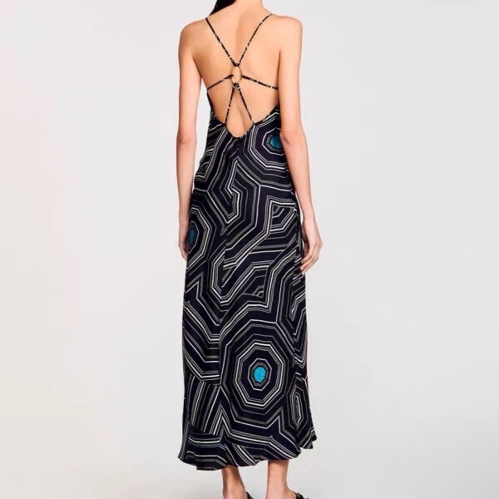 Sandro Silk Geometric Maxi Slip Dress in Black and Blue - Picture 2 of 7
